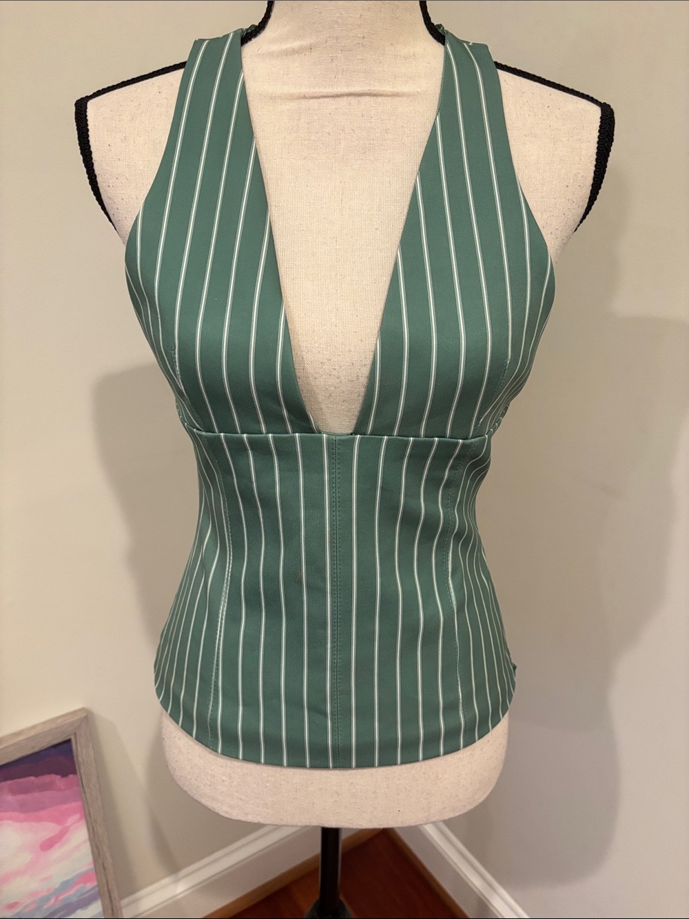 Zara Green and White Pinstripe Halter Vest Size Small